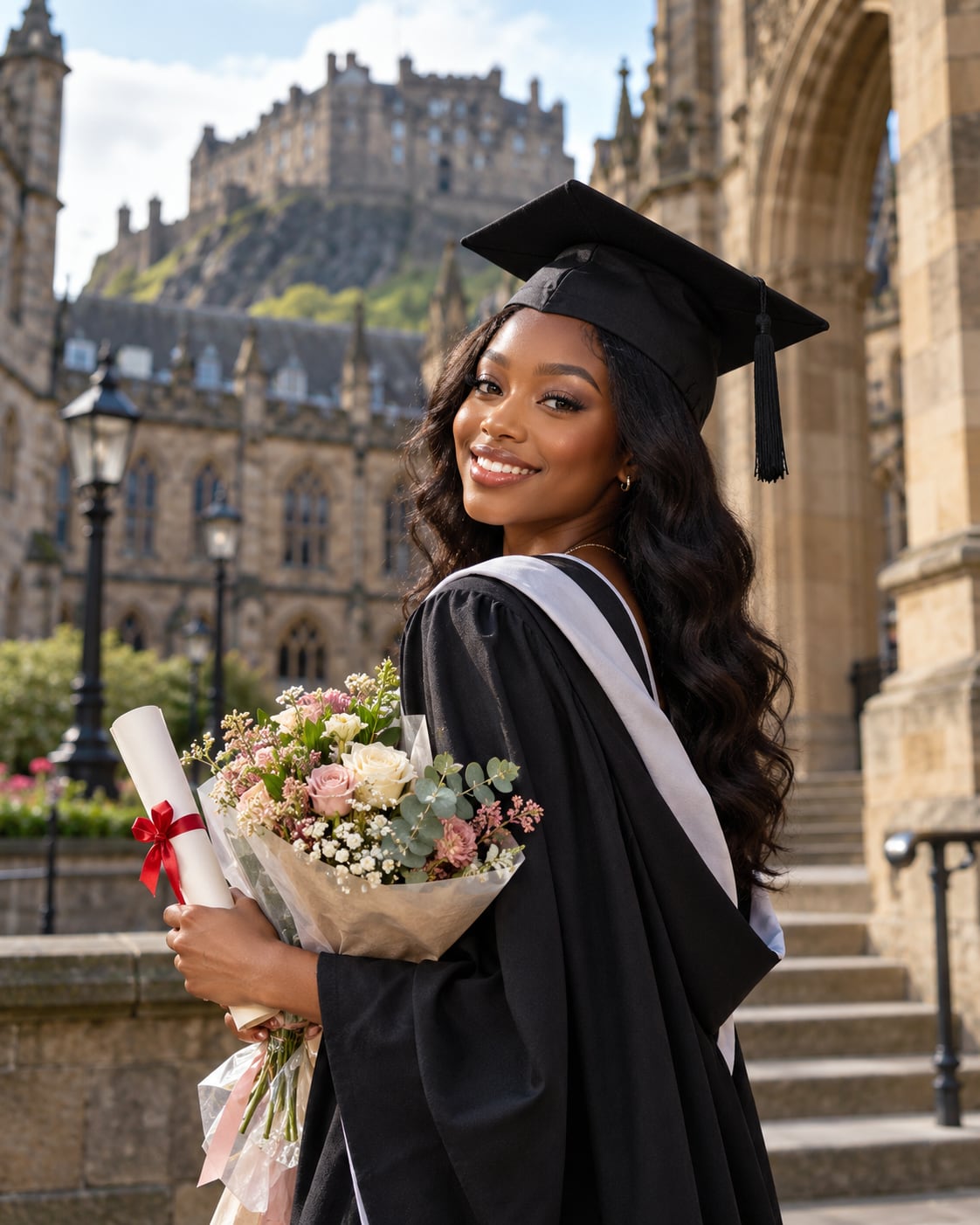 Graduate in gown and cap holding flowers and a scroll, with Edinburgh Castle behind