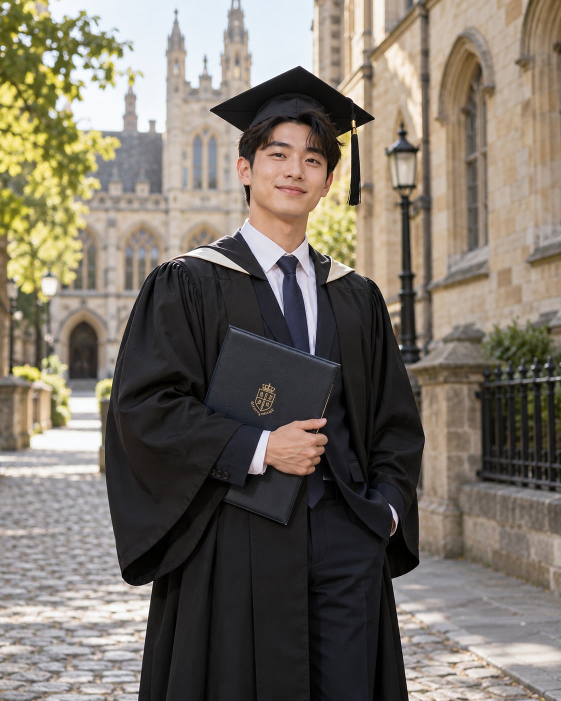 Graduate holding a certificate folder on a cobbled street