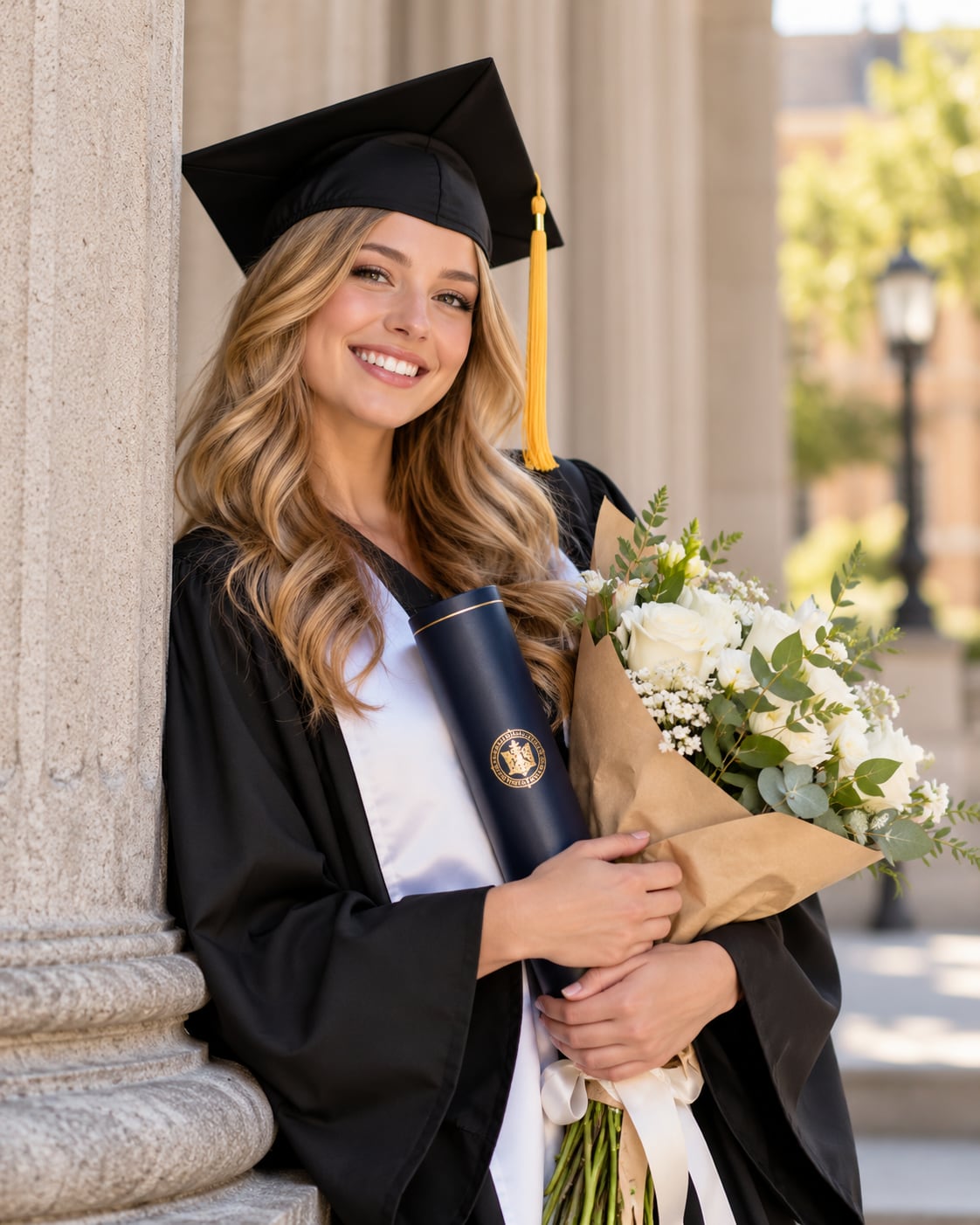 Smiling graduate with a bouquet and certificate tube, leaning against a stone column