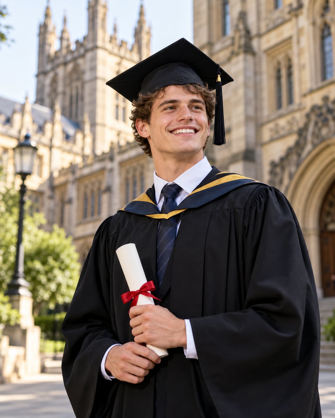 Smiling graduate holding a scroll tied with a red ribbon