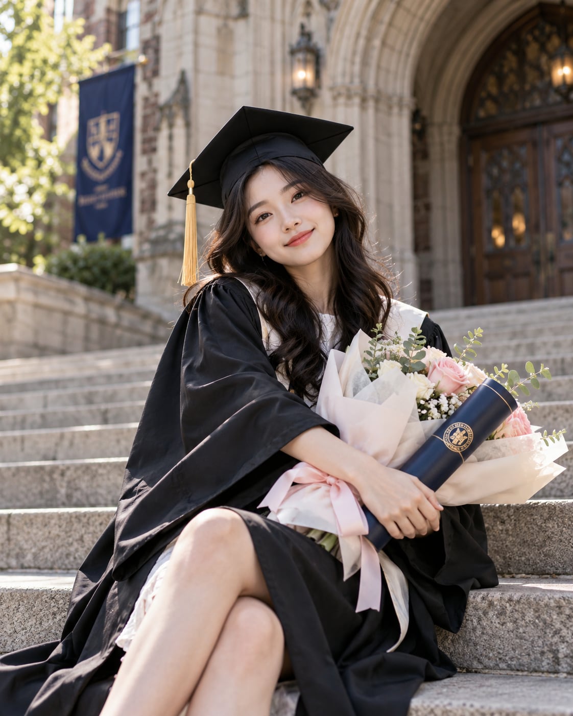 Graduate sitting on stone steps with a bouquet and certificate tube