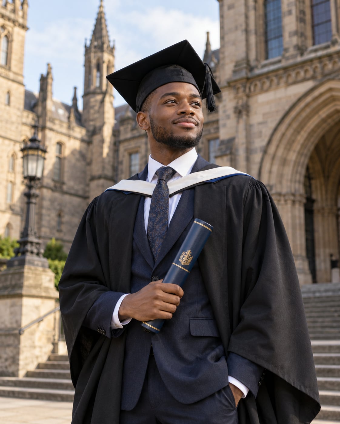 Graduate in a gown and hood holding a certificate tube outside a historic university building