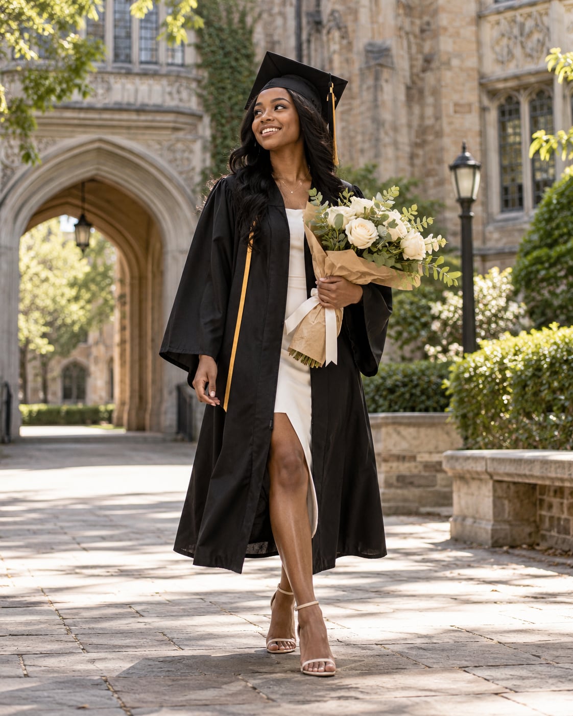 Graduate walking through a stone quad holding white roses