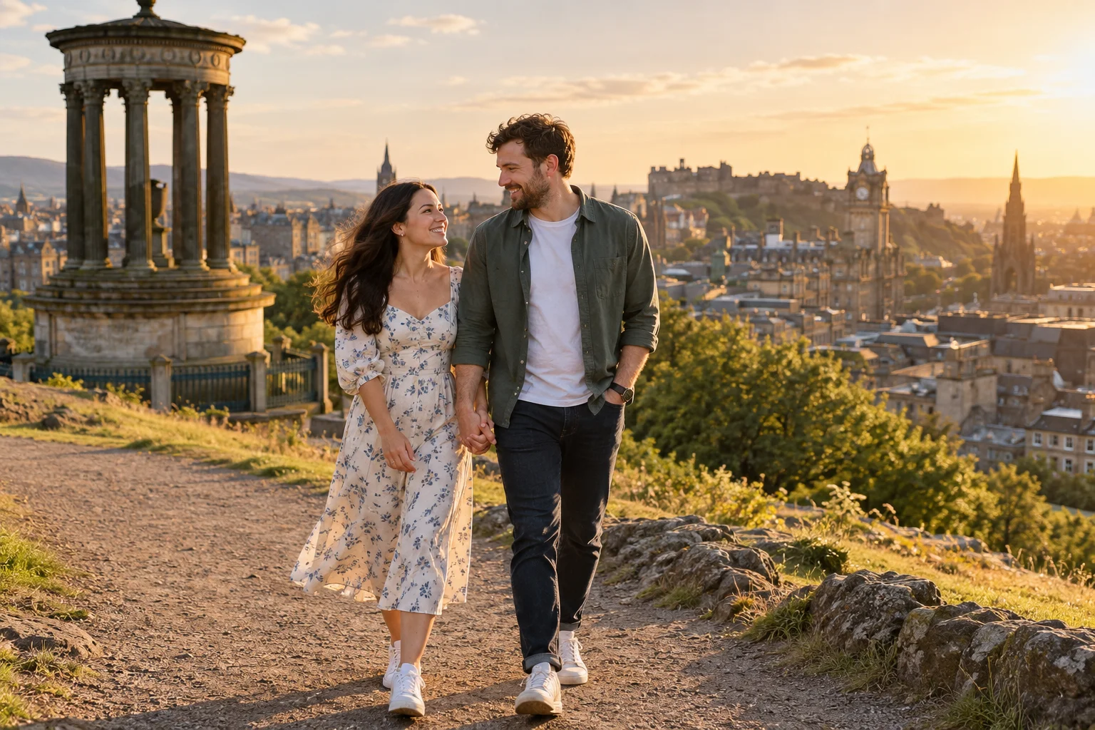 A couple walking together on Calton Hill
